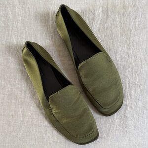 Khaite Monroe Satin Loafers in Olive Green